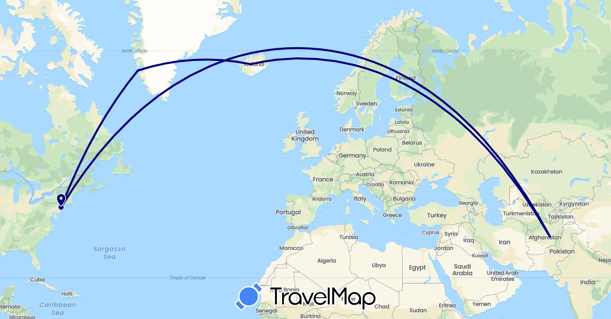 TravelMap itinerary: driving in Afghanistan, Greenland, Iceland, United States (Asia, Europe, North America)